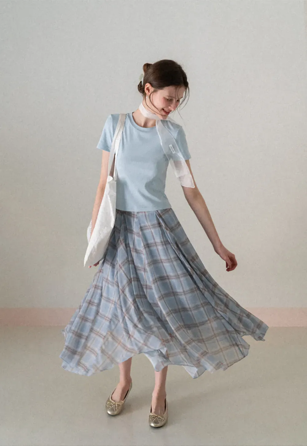 Pleated Plaid Midi Skirt with Asymmetrical Hem