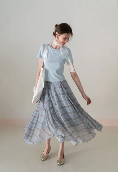 Pleated Plaid Midi Skirt with Asymmetrical Hem
