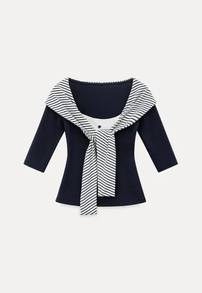 Striped collar tie front short sleeve top