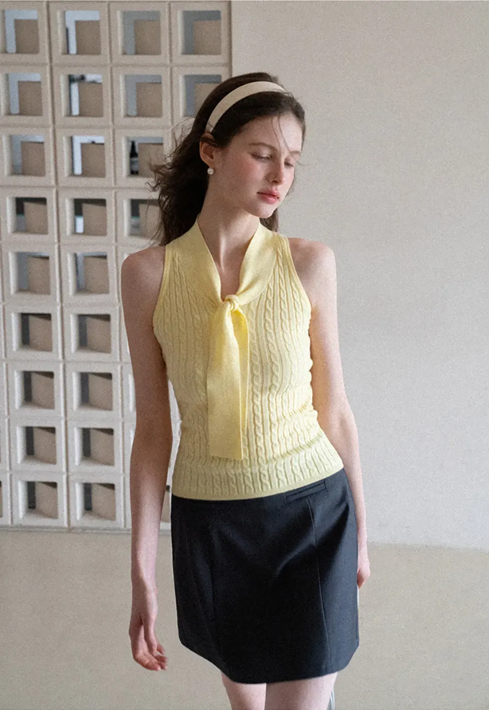 Knit Sleeveless Top with Front Bow Detail