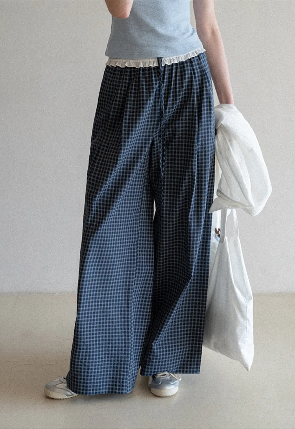 Wide Leg Plaid Casual Pants with Ruffled Waistband
