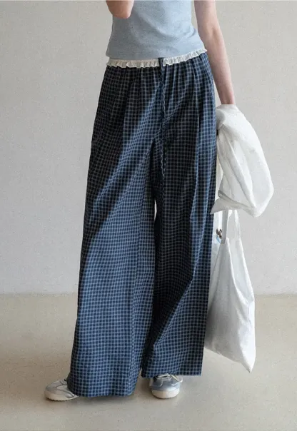 Wide Leg Plaid Casual Pants with Ruffled Waistband