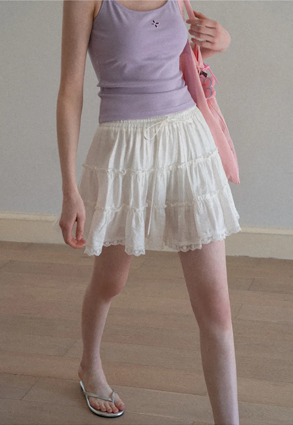 Tiered lace hem drawstring waist skirt