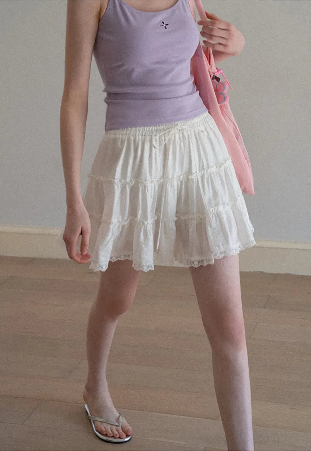 Tiered lace hem drawstring waist skirt