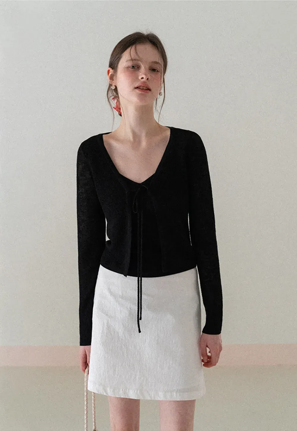 V Neck Long Sleeve Knit Cardigan with Front Tie