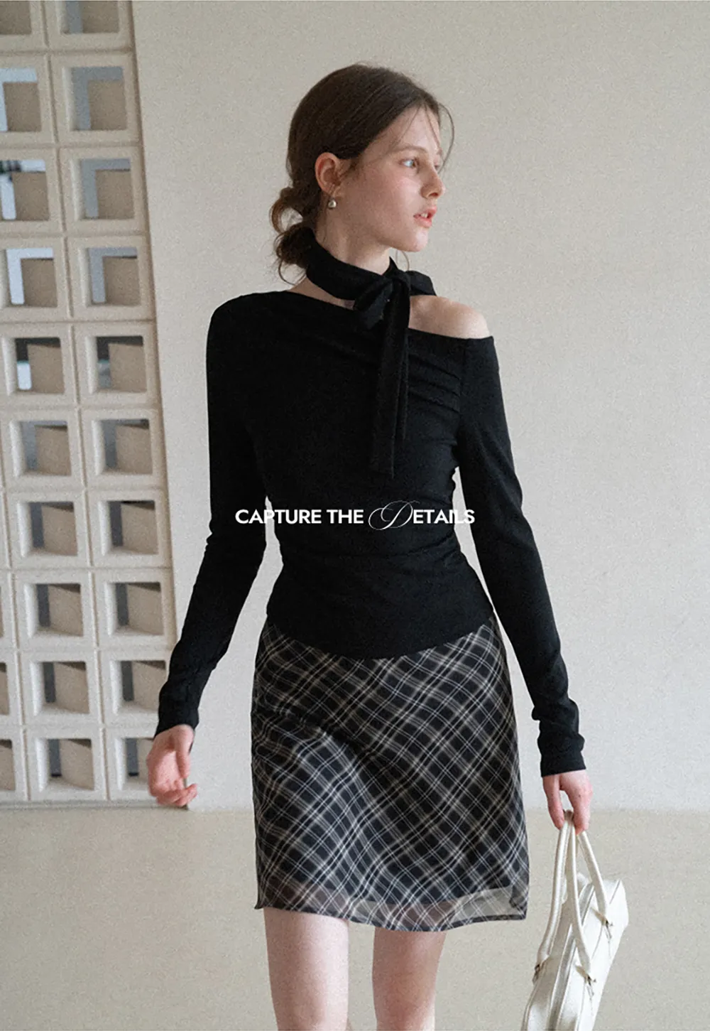 Long sleeve off shoulder top with neck tie detail