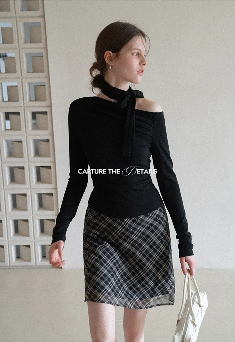 Long sleeve off shoulder top with neck tie detail