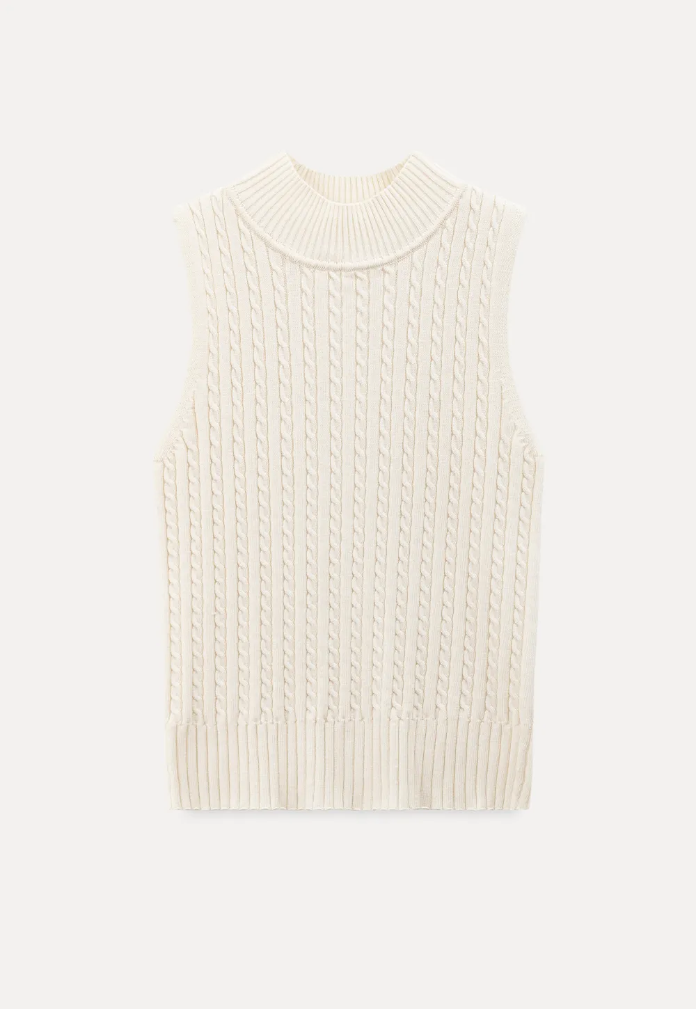 Cable Knit Sleeveless Top with High Neck Design