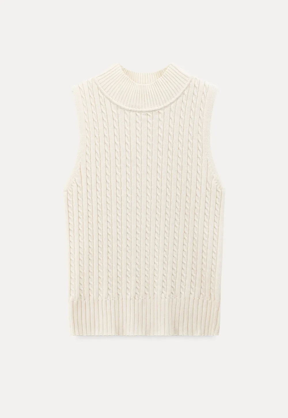 Cable Knit Sleeveless Top with High Neck Design