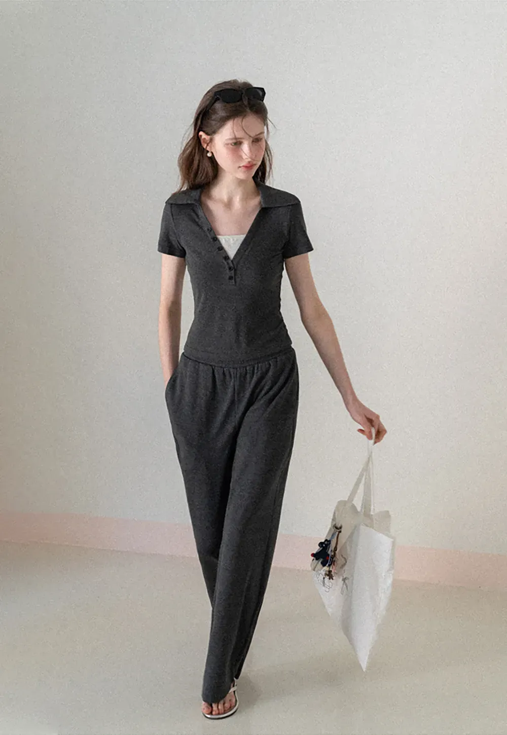 Polo shirt with buttons and wide leg casual pants