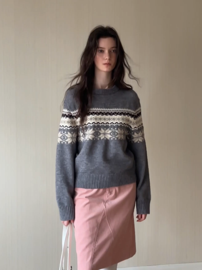 Gray Knit Sweater with Fair Isle Pattern