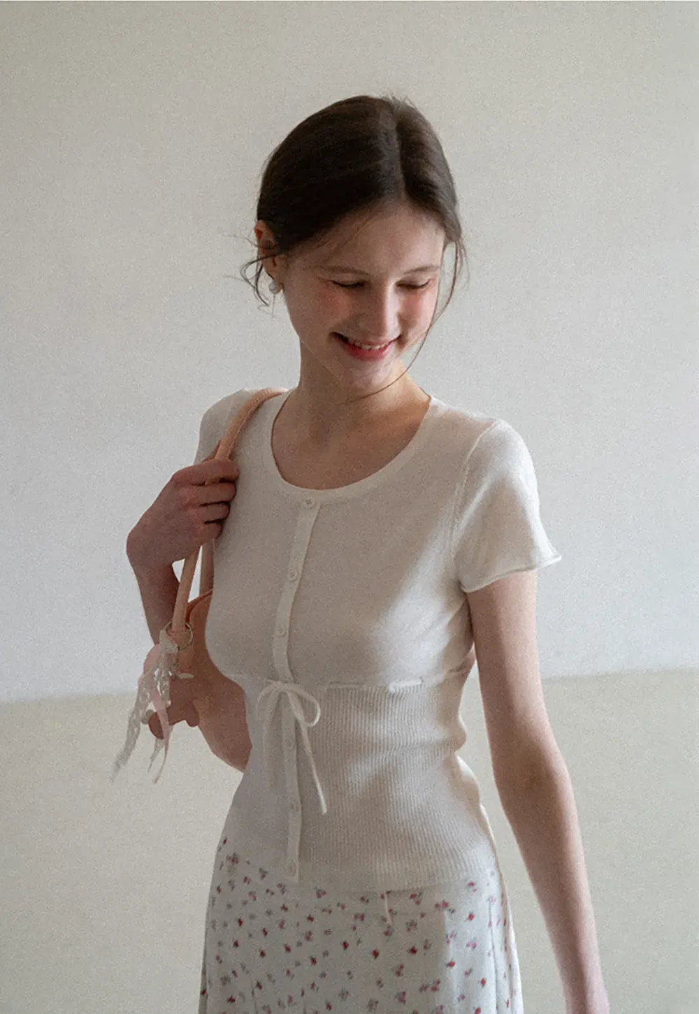 Short Sleeve Knit Cardigan with Front Buttons and Waist Tie