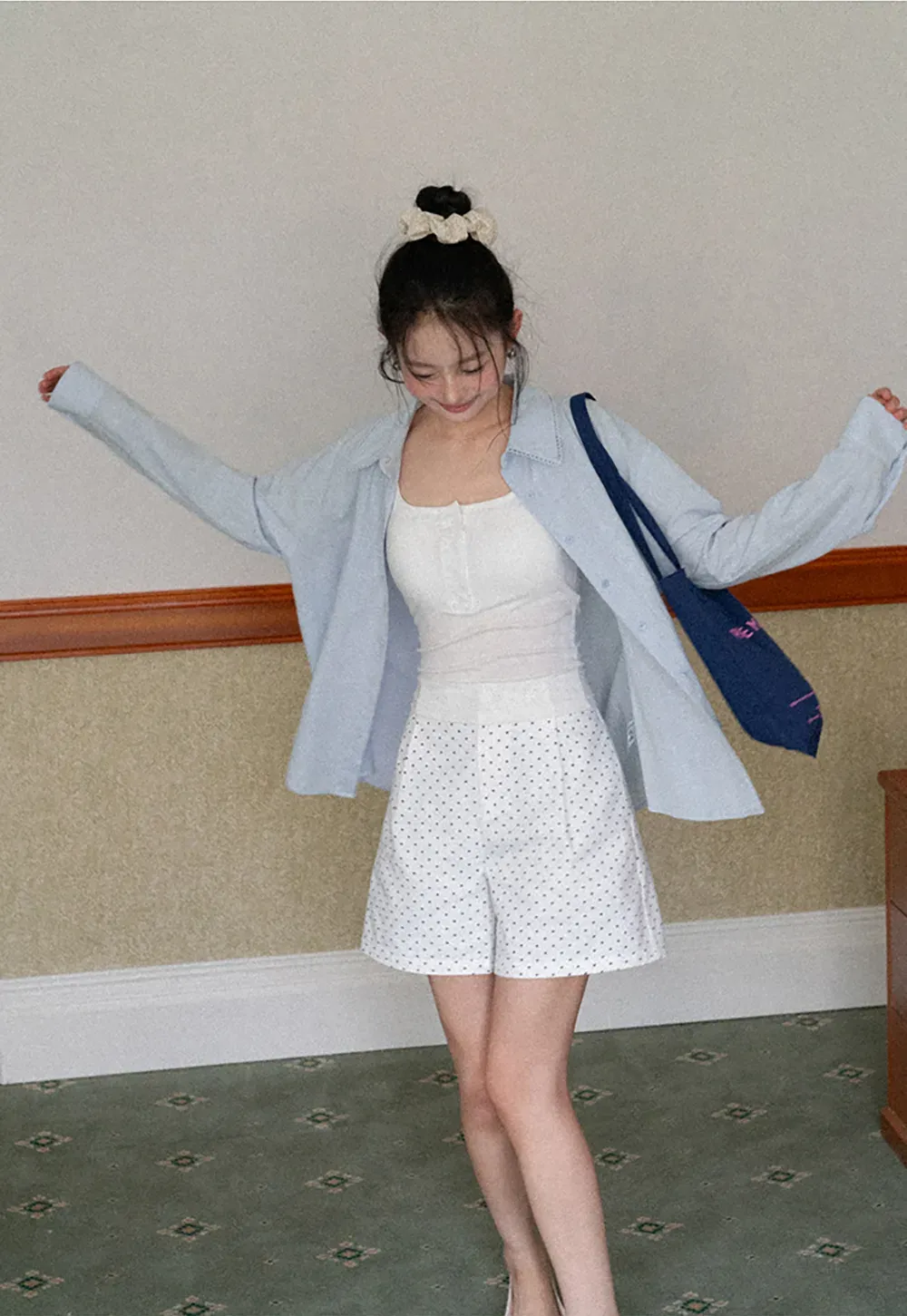 Lightweight long sleeve button front shirt with lace trim