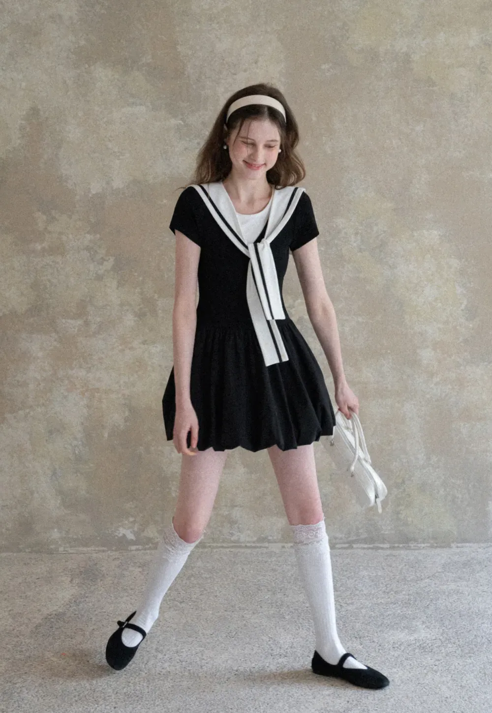 Sailor Collar Short Sleeve Flared Dress