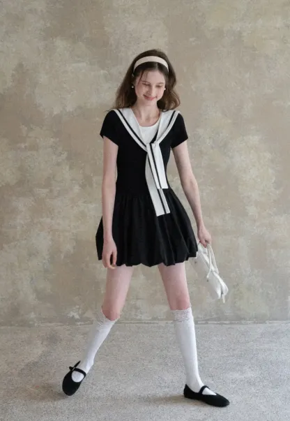 Sailor Collar Short Sleeve Flared Dress
