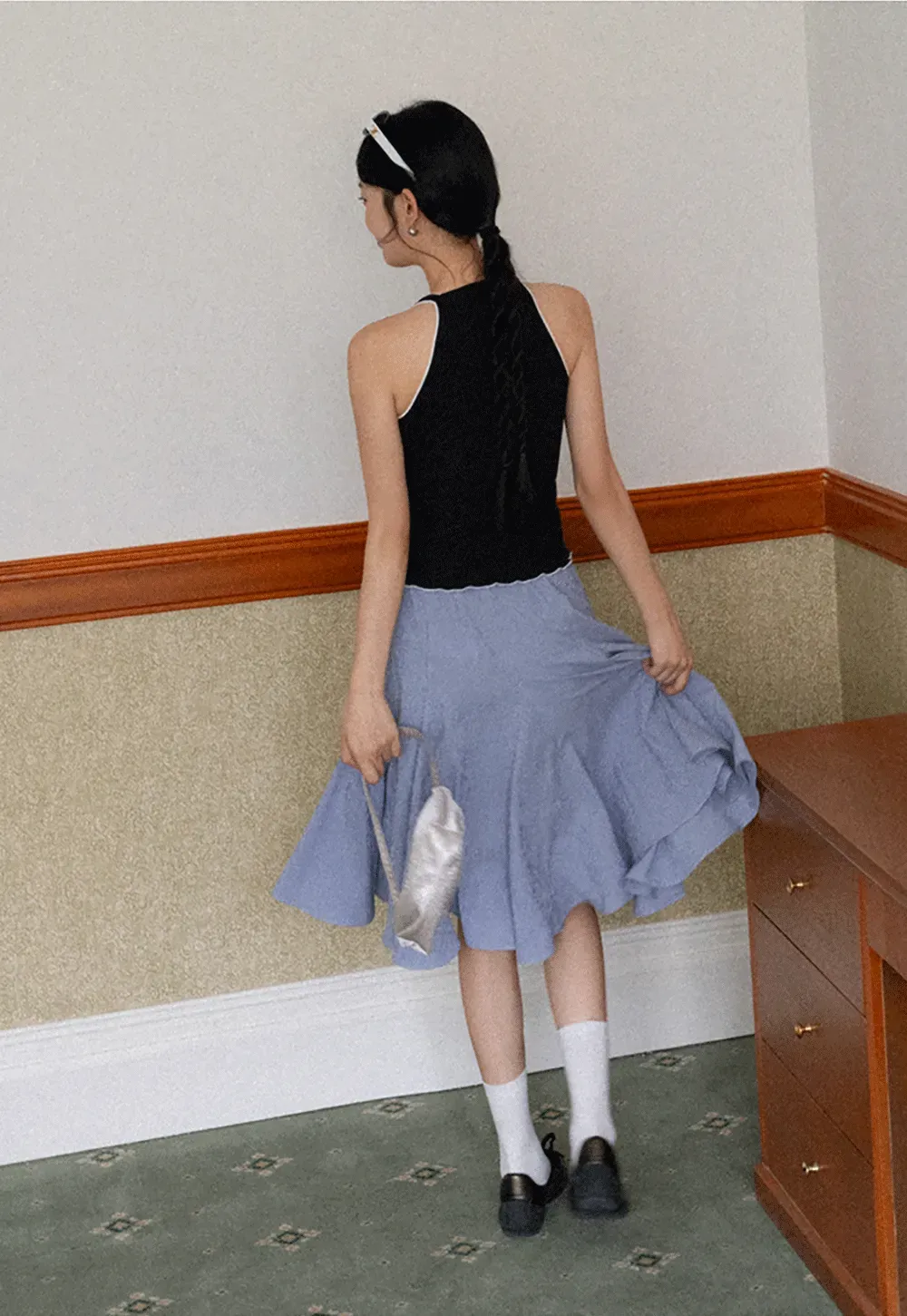 Halter neck tank top with thin straps and bow detail