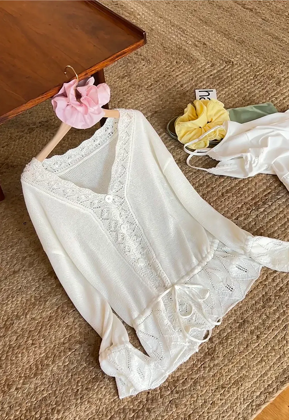 Lace Trimmed V Neck Knit Sweater with Drawstring Hem