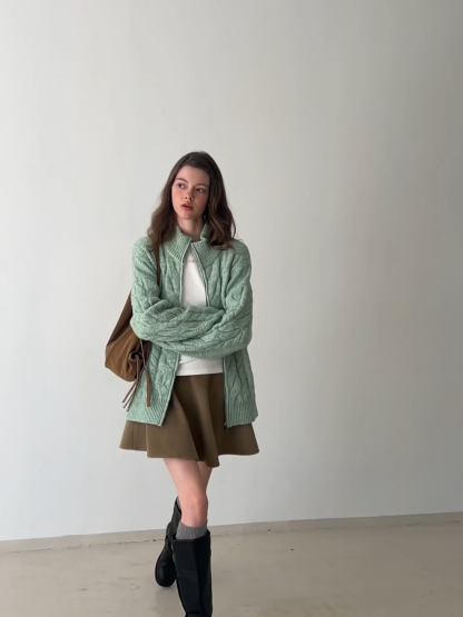 Women Cozy Cable Knit Cardigan with Zipper