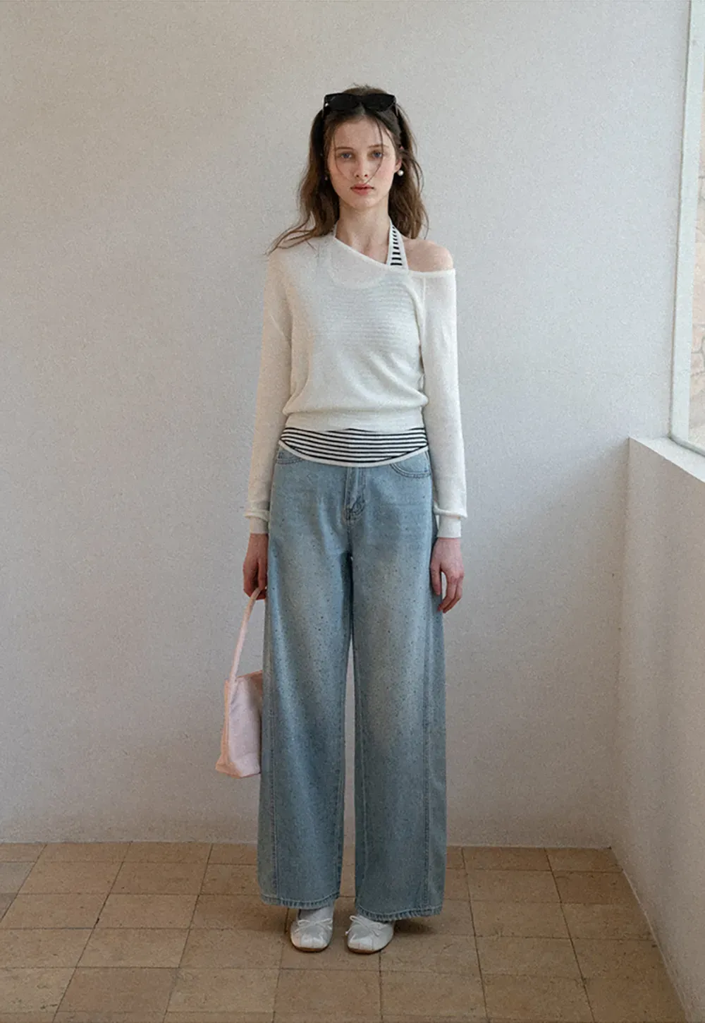 Off Shoulder Long Sleeve Knit Sweater with Striped Trim