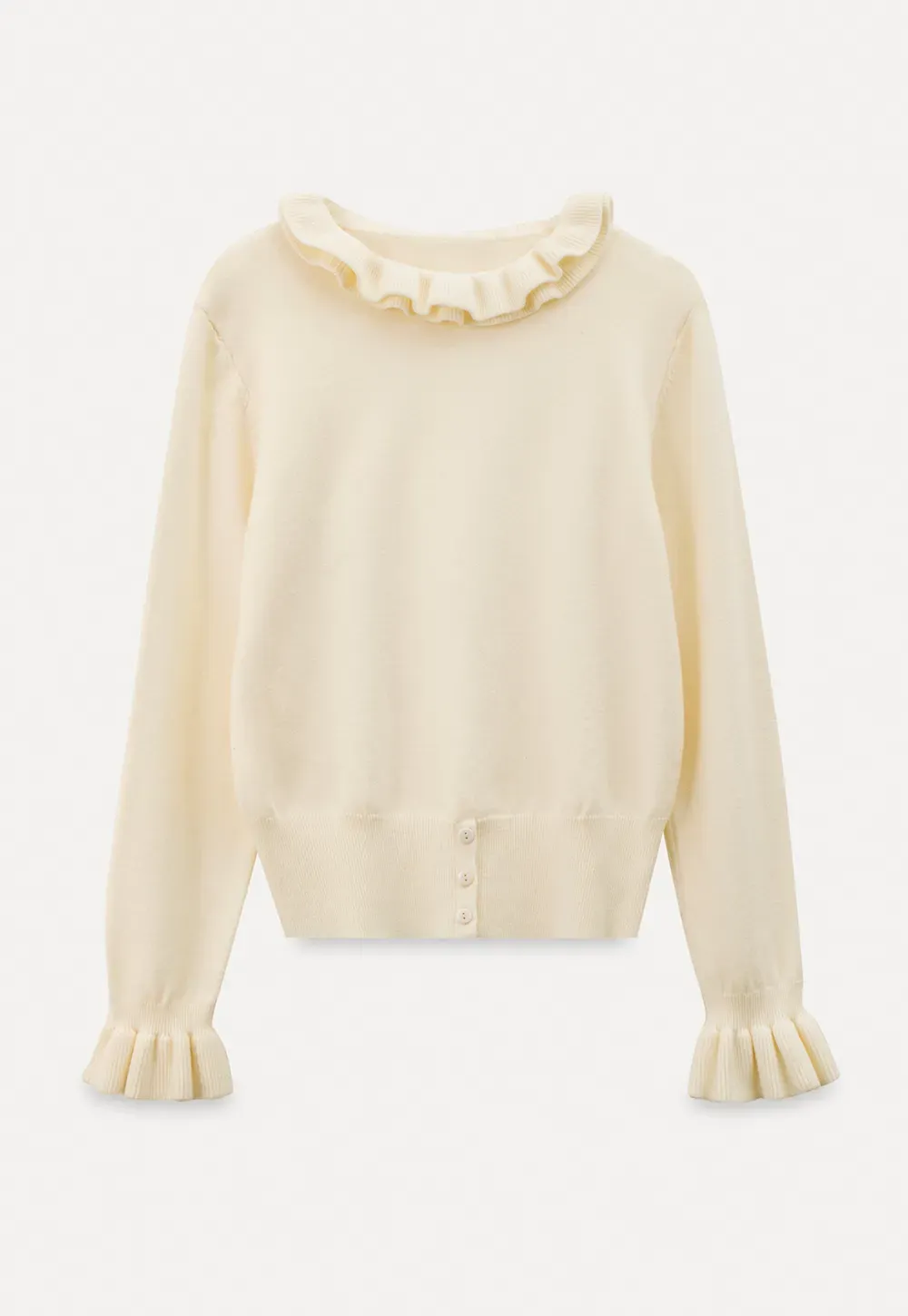 Elegant Ruffle Detail Knit Sweater with Flared Cuffs and Neckline
