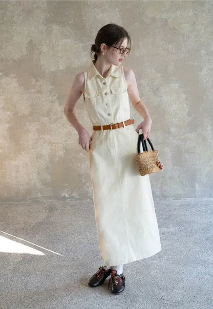 Sleeveless Collared Button Front Midi Dress