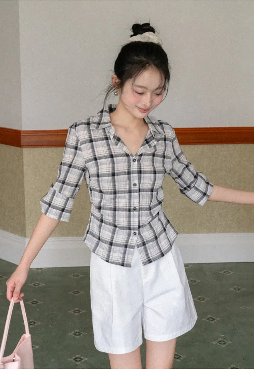 Plaid Shirt with Rolled Sleeves and Button Front