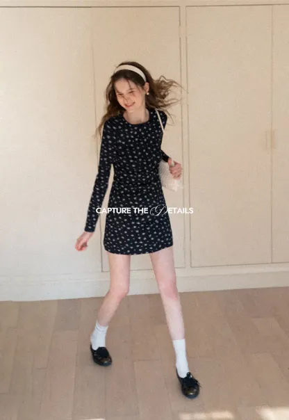 Long Sleeve Floral Print Dress with Cross Neck Detail