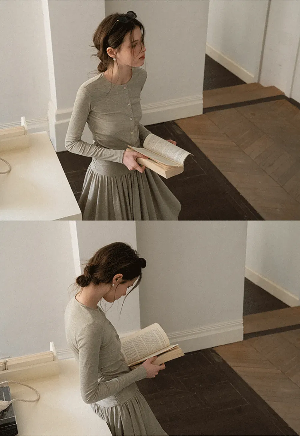 Long sleeve button front top and asymmetrical skirt