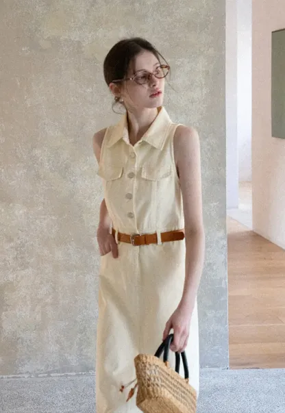 Sleeveless Collared Button Front Midi Dress