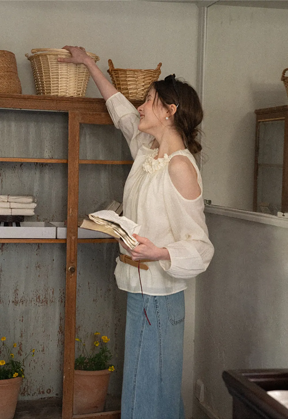 Lace Chiffon Blouse with Ruffled Neck and Cold Shoulder