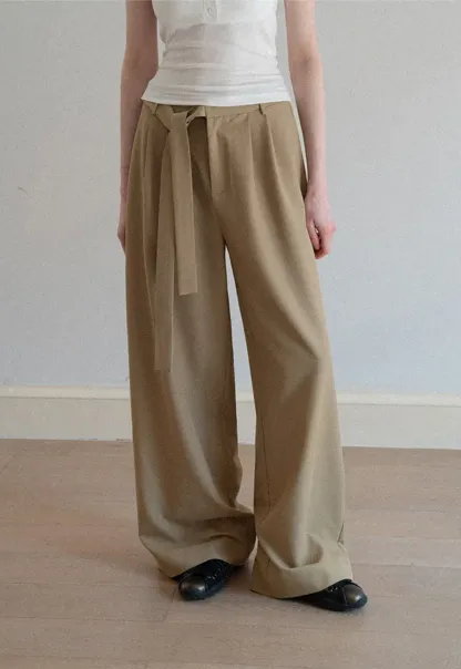 Wide leg casual pants with waist tie