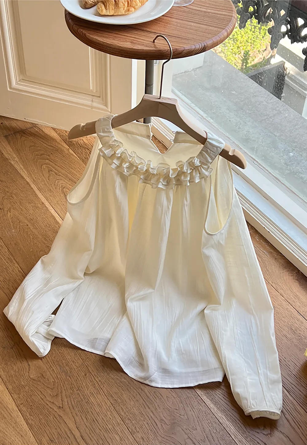 Lace Chiffon Blouse with Ruffled Neck and Cold Shoulder