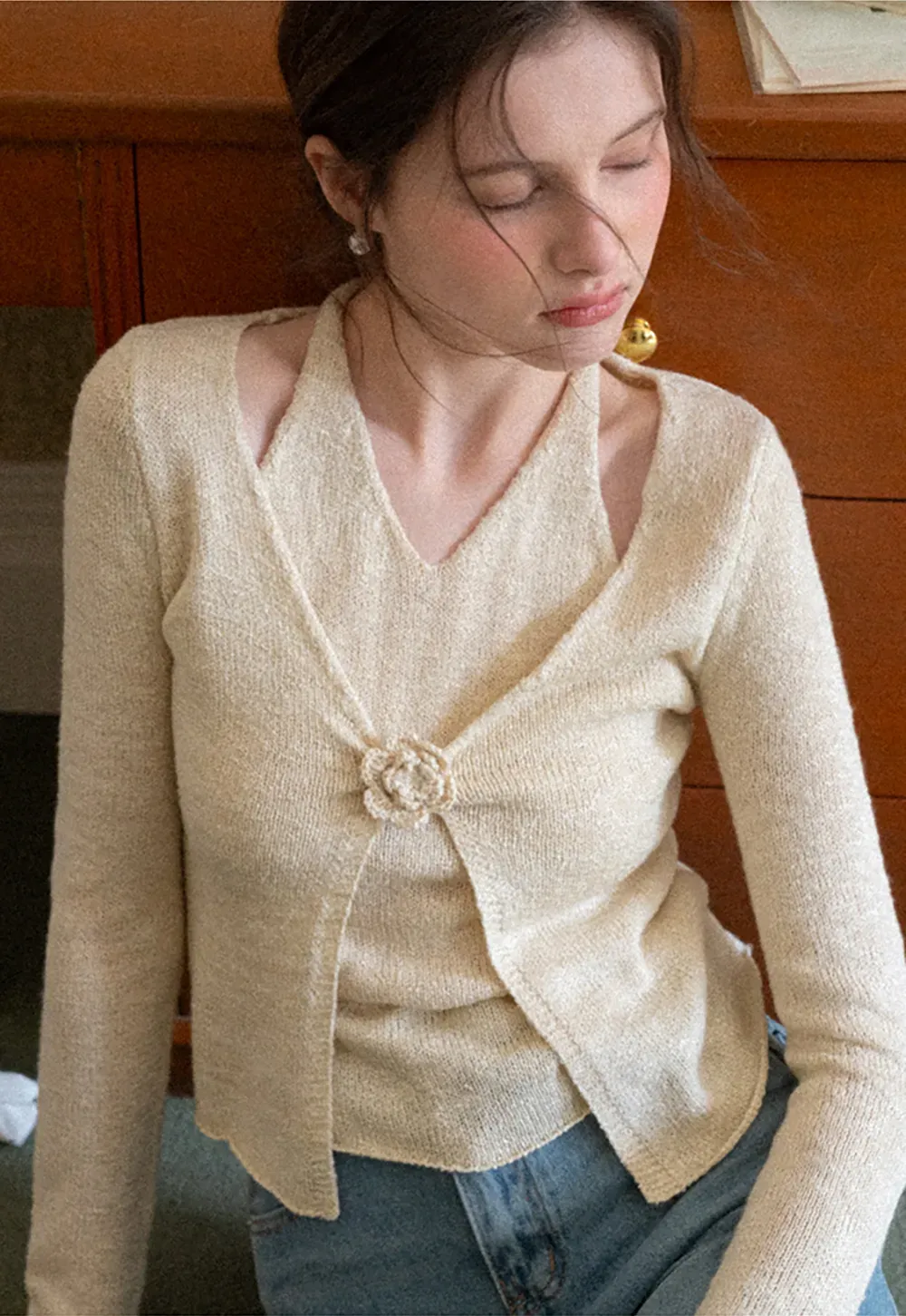 V Neck Knit Sweater with Floral Button Detail