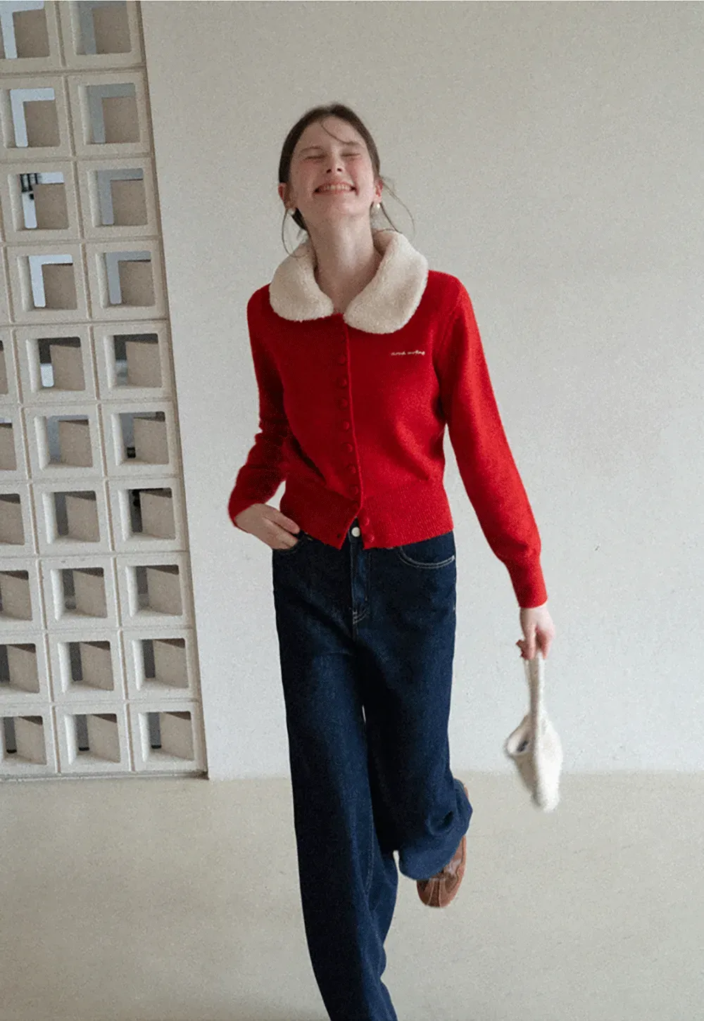 Soft Collar Knit Cardigan with Embroidery Design