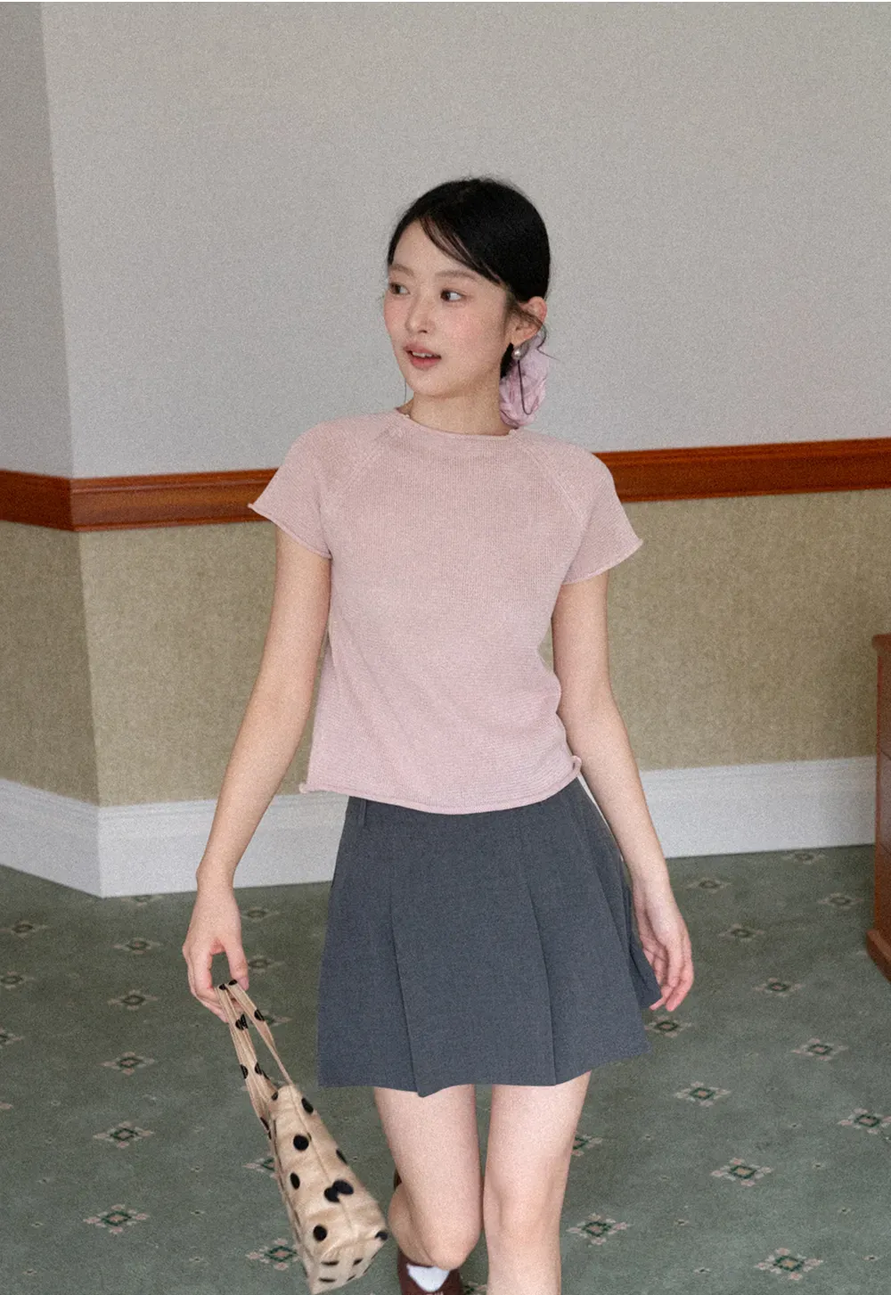 Short Sleeve Ribbed Knit Top with Raglan Sleeves