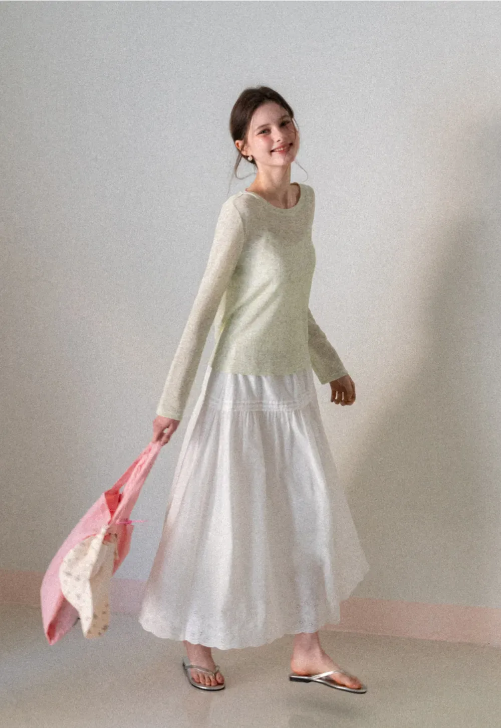 Long sleeve sheer knit top with round neckline