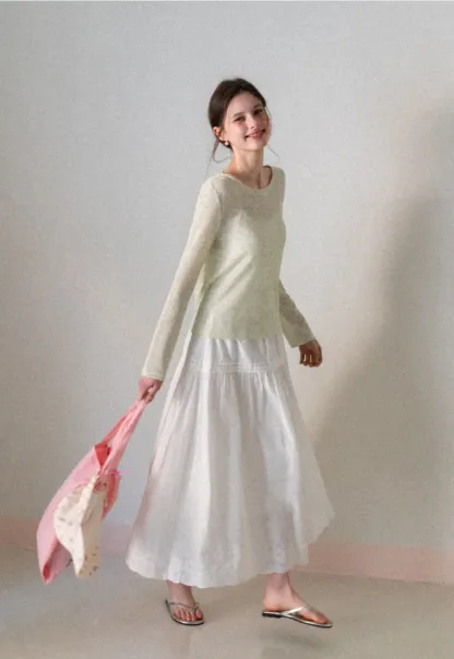 Long sleeve sheer knit top with round neckline