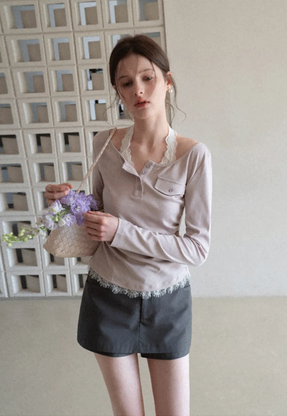 Long sleeve Henley top with lace trim