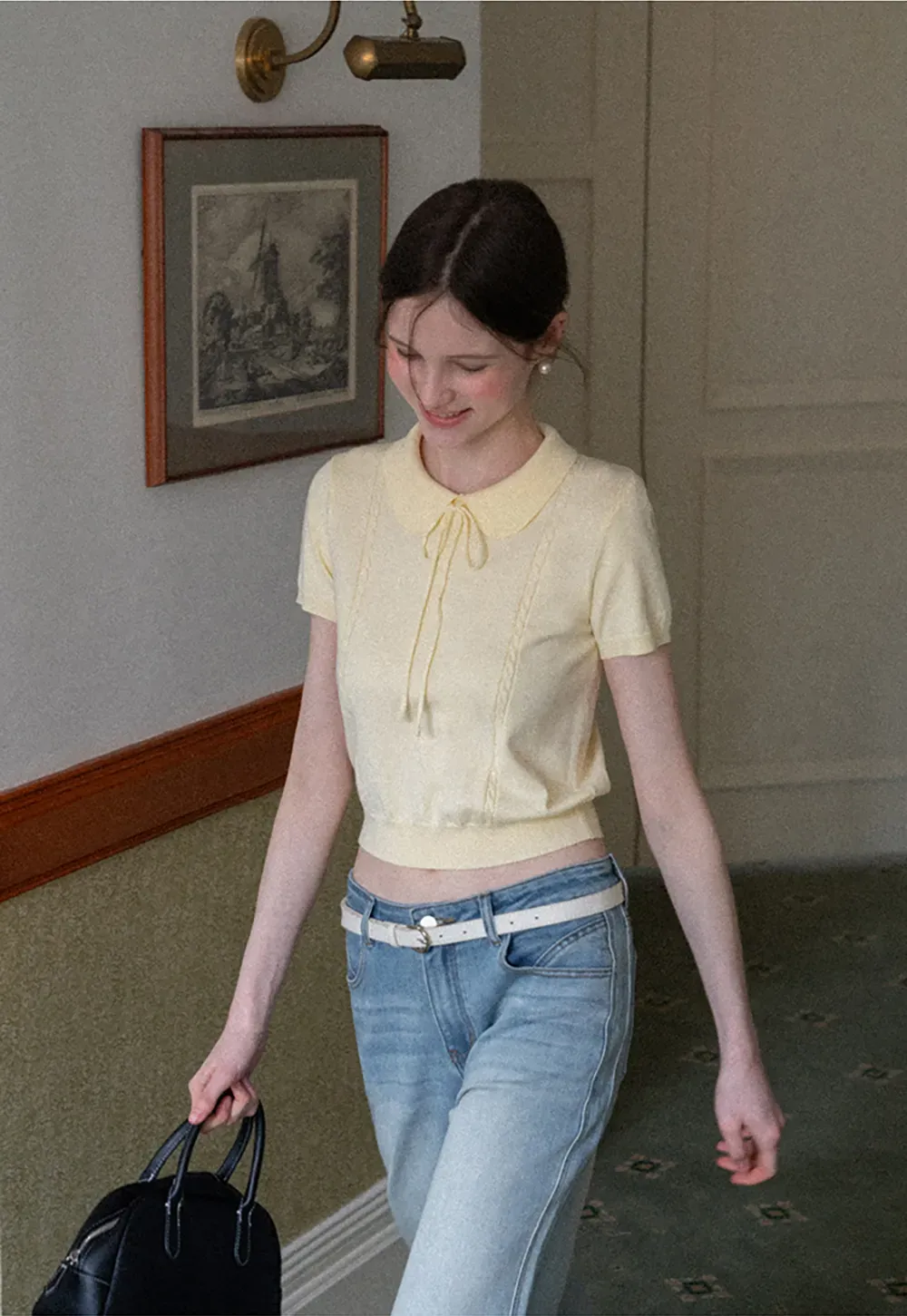 Short Sleeve Knit Top with Collar and Drawstring