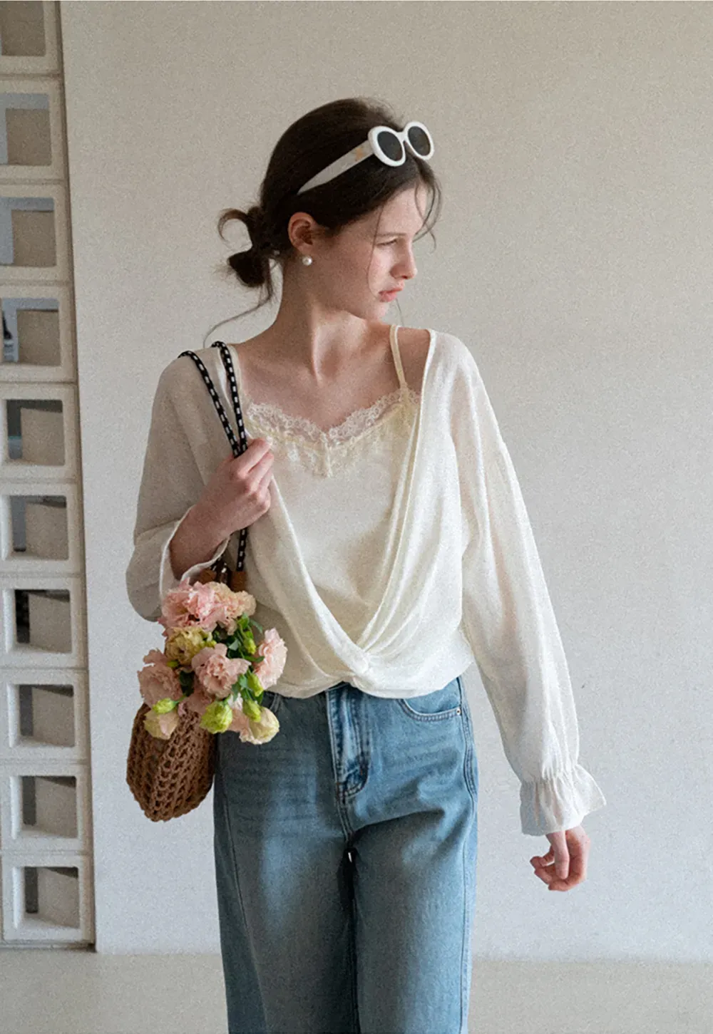 Lace Trimmed V Neck Long Sleeve Wrap Shirt