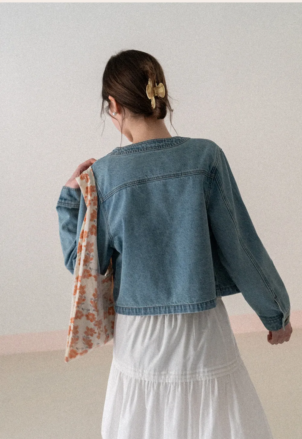 Denim short jacket with button front and chest pockets