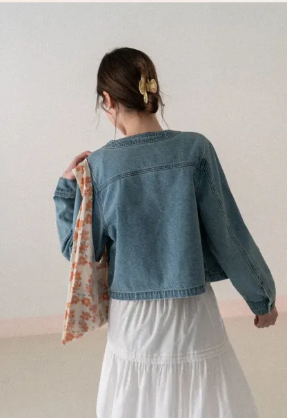 Denim short jacket with button front and chest pockets