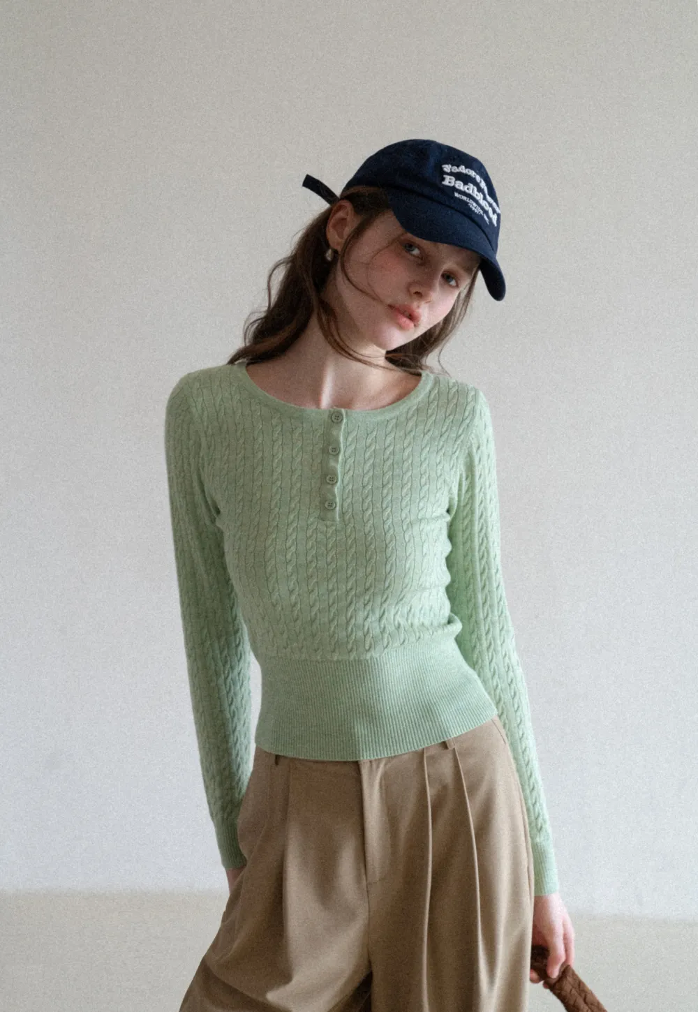 Cable Knit Long Sleeve Sweater with Button Detail