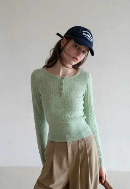 Cable Knit Long Sleeve Sweater with Button Detail