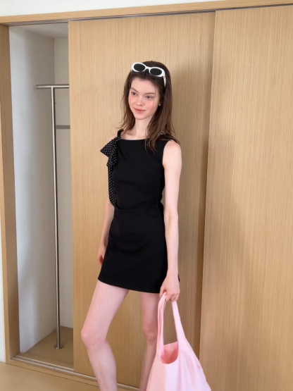 One Shoulder Bow Detail Sleeveless Mini Dress