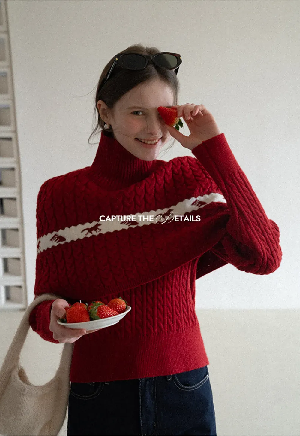 Turtleneck Cable Knit Sweater with Horse Pattern Stripe