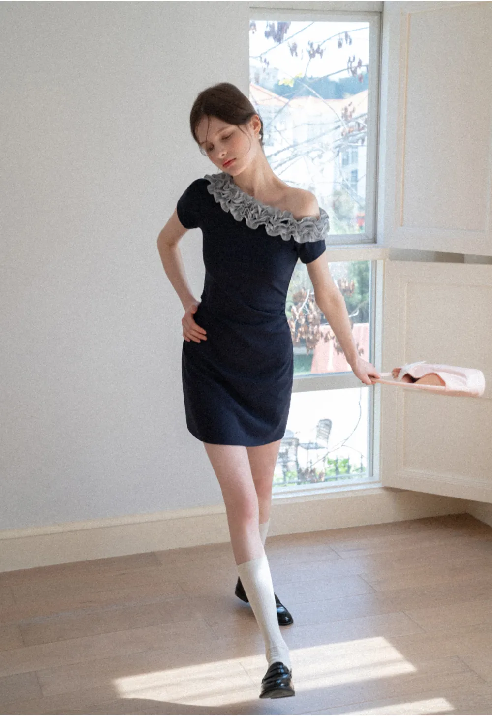 Short Sleeve Dress with Ruffled Off Shoulder Detail