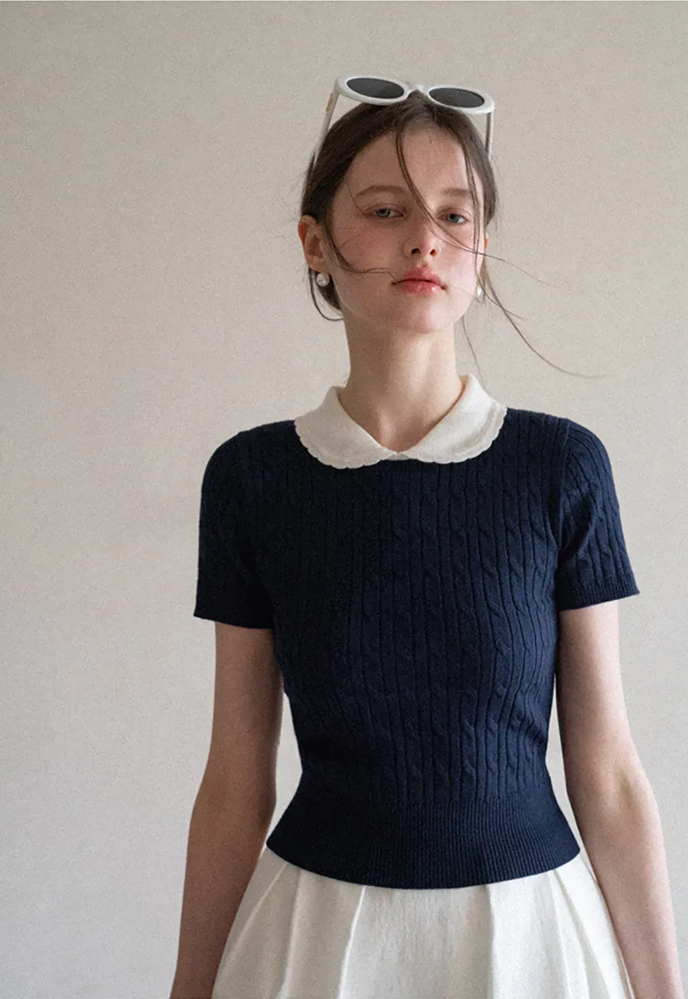 Cable Knit Short Sleeve Sweater with Collar