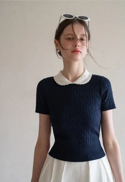 Cable Knit Short Sleeve Sweater with Collar
