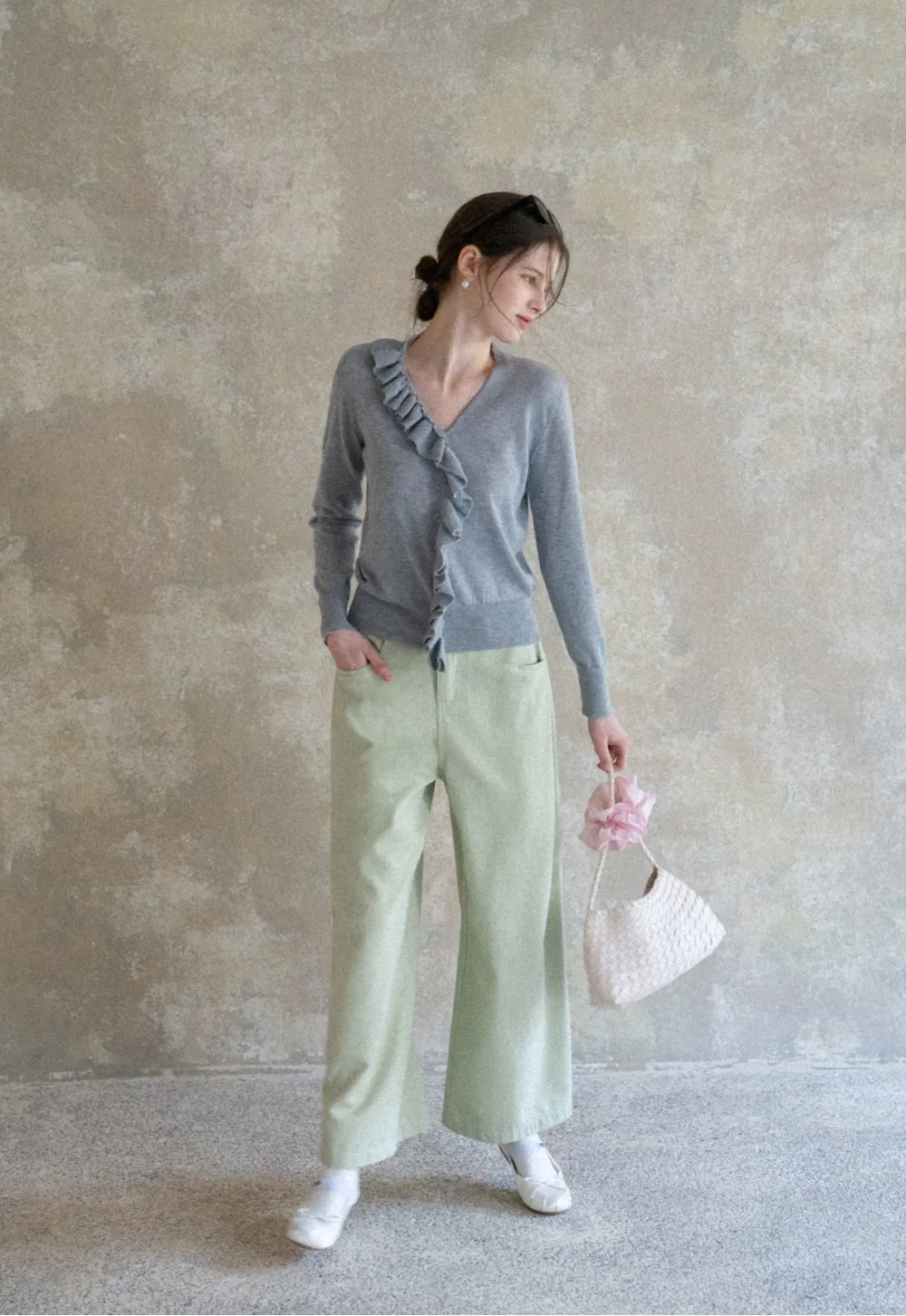 Lightweight Long Sleeve Knit Sweater with Ruffled Trim